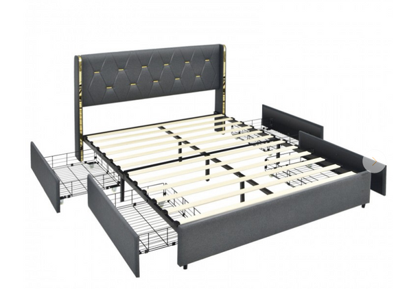 Queen Size Upholstered Bed Frame with 4 Storage Drawers