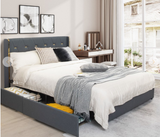 Queen Size Upholstered Bed Frame with 4 Storage Drawers