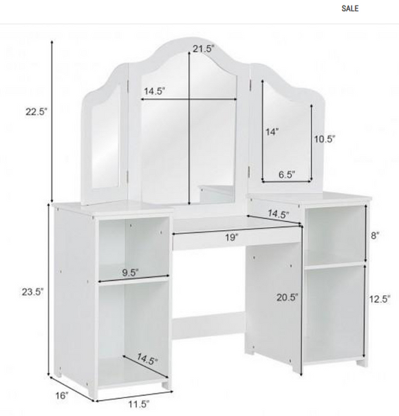 Kids Tri Folding Mirror Makeup Dressing Vanity Table Set-White, Fully Assembled