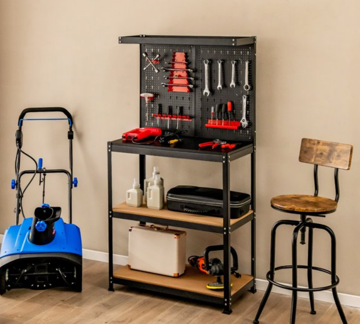 48 Inch Workbench with Pegboard and Drawers-Black, Fully Assembled