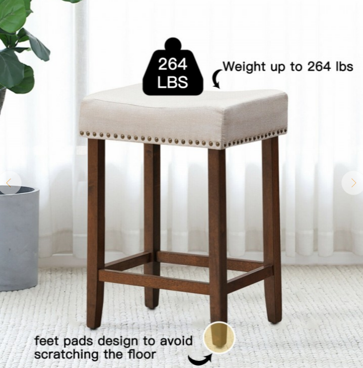 2 Piece Set, 24 Inch Nailhead Saddle Bar Stools with Fabric Seat and Wood Legs, crease in corner