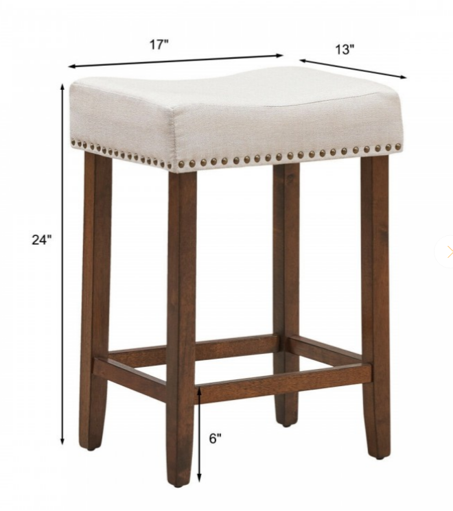 2 Piece Set, 24 Inch Nailhead Saddle Bar Stools with Fabric Seat and Wood Legs, crease in corner