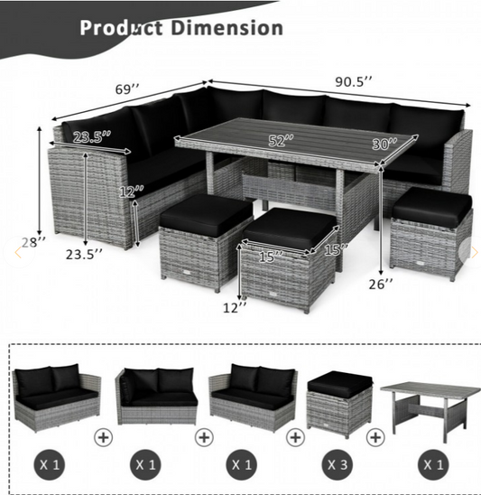 7 Pieces Outdoor Wicker Sectional Sofa Set with Dining Table, 4 BOXES, UNASSEMBLED