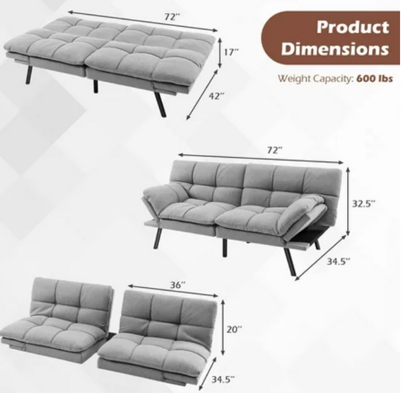 Convertible Futon Sofa Bed Memory Foam and Adjustable Armrest, grey