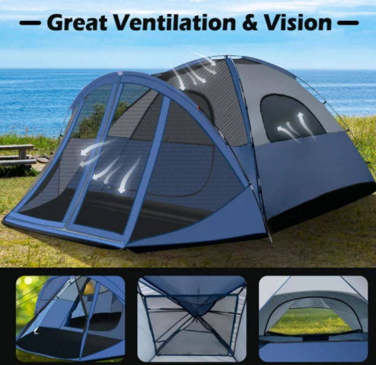 6-Person Large Camping Dome Tent with Screen Room Porch and Removable Rainfly