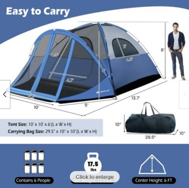 6-Person Large Camping Dome Tent with Screen Room Porch and Removable Rainfly