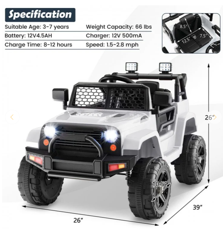 12V Kids Ride On Truck with Headlights, and remote control