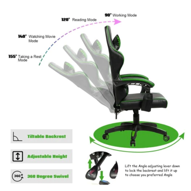 Gaming Chair Reclining Swivel with Massage Lumbar Support