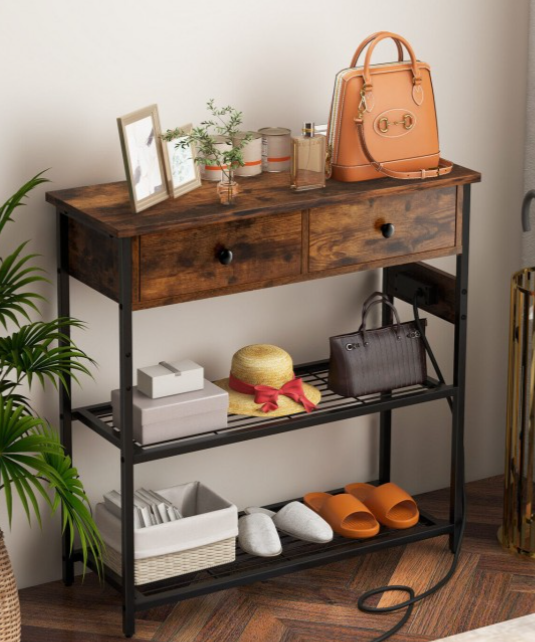 Narrow Console Table with 2 Drawers and 2 Metal Mesh Shelves, fully assembled