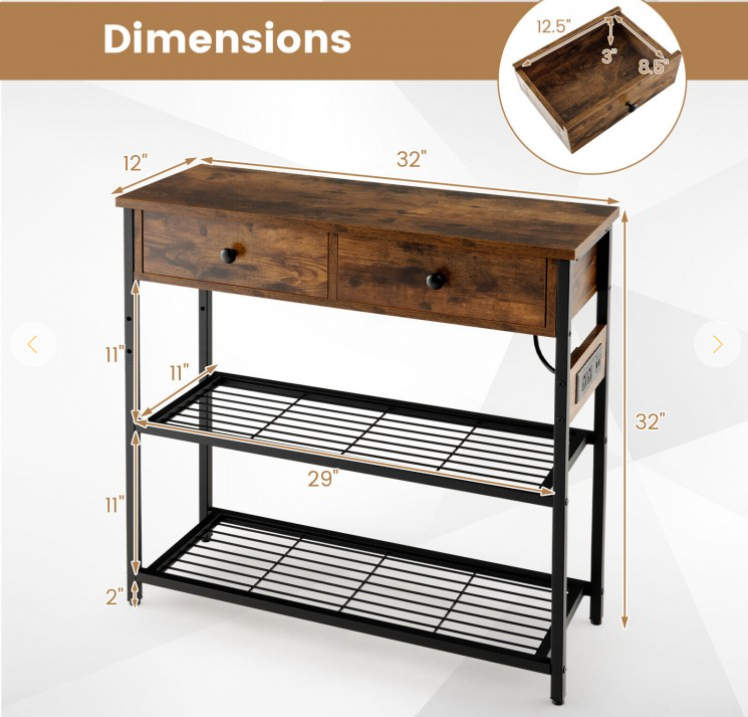 Narrow Console Table with 2 Drawers and 2 Metal Mesh Shelves, fully assembled
