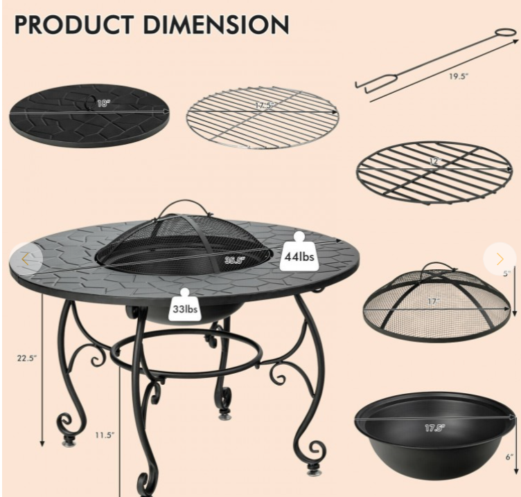 SPECIAL NO TAX, 35.5 Feet Patio Fire Pit Dining Table With Cooking BBQ Grate, 1 box