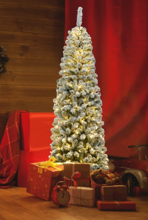 6 Ft Flocked, Pre-lit,  Christmas Tree with Metal Stand