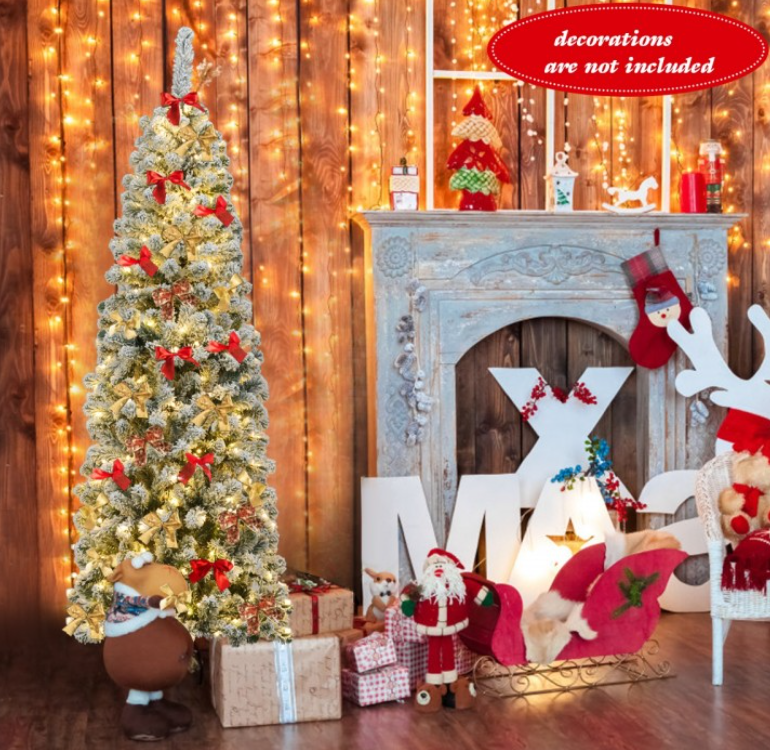 6 Ft Flocked, Pre-lit,  Christmas Tree with Metal Stand