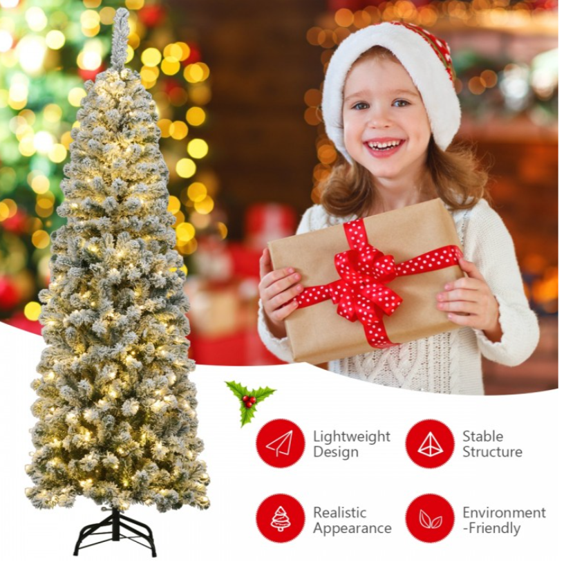 6 Ft Flocked, Pre-lit,  Christmas Tree with Metal Stand