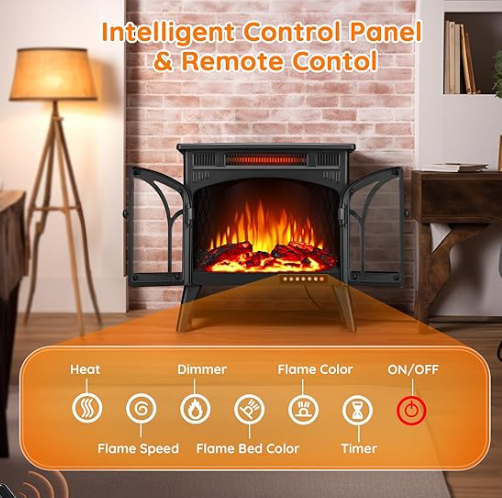 Rintuf Electric Fireplace Heater, 1500W Infrared, Dent on top, fully assembled
