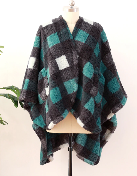 Berkshire Blanket Buffalo Plaid Double-Sided Cape, teal