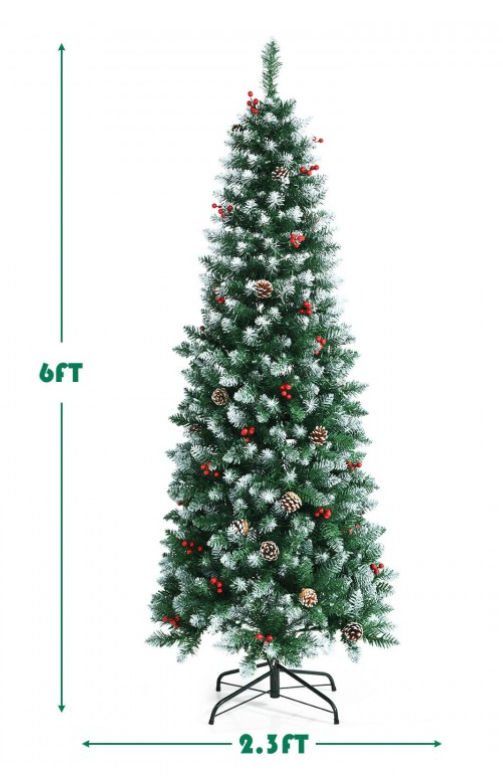 6 Ft Pre-lit Pencil Christmas Tree with Pine Cones and Red Berries, new in box