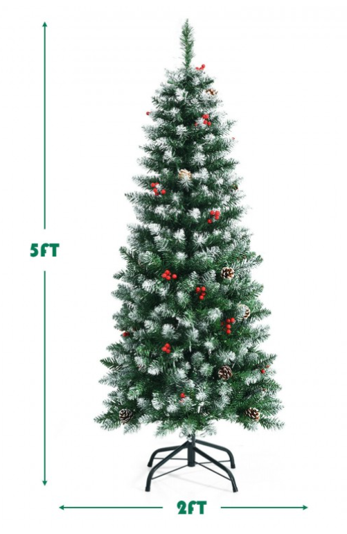 5 Ft Pre-lit Pencil Christmas Tree with Pine Cones and Red Berries, new in box