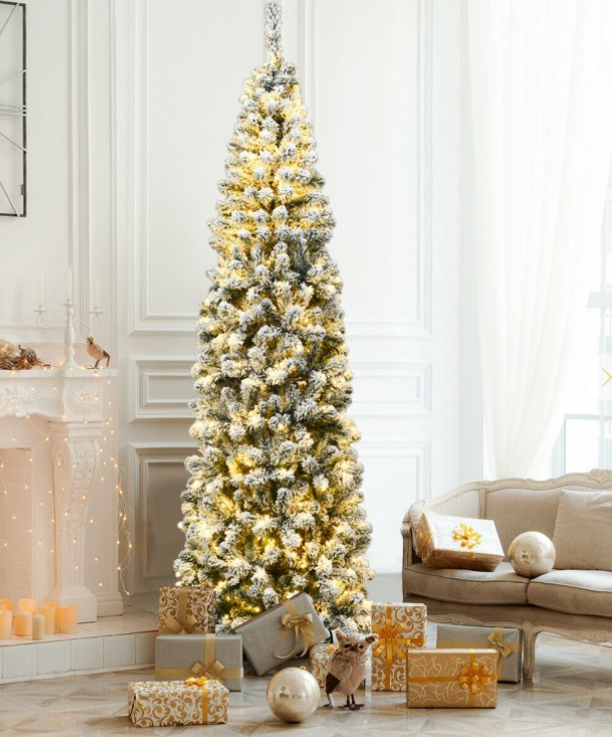 7 ft Feet Pre-lit Snow Flocked Artificial Pencil Christmas Tree with 350 warm LED Lights