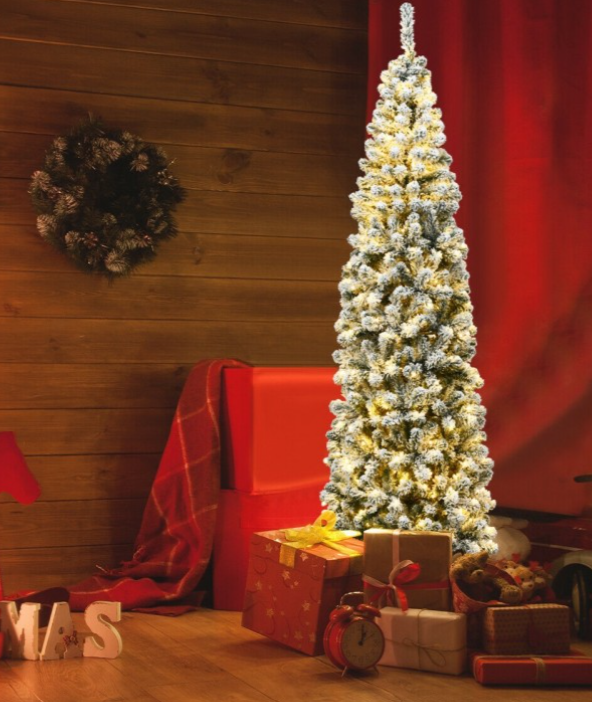 7 ft Feet Pre-lit Snow Flocked Artificial Pencil Christmas Tree with 350 warm LED Lights