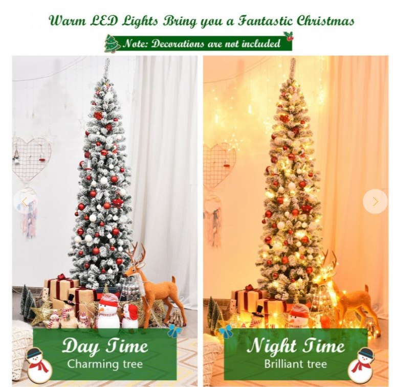 7 ft Feet Pre-lit Snow Flocked Artificial Pencil Christmas Tree with 350 warm LED Lights