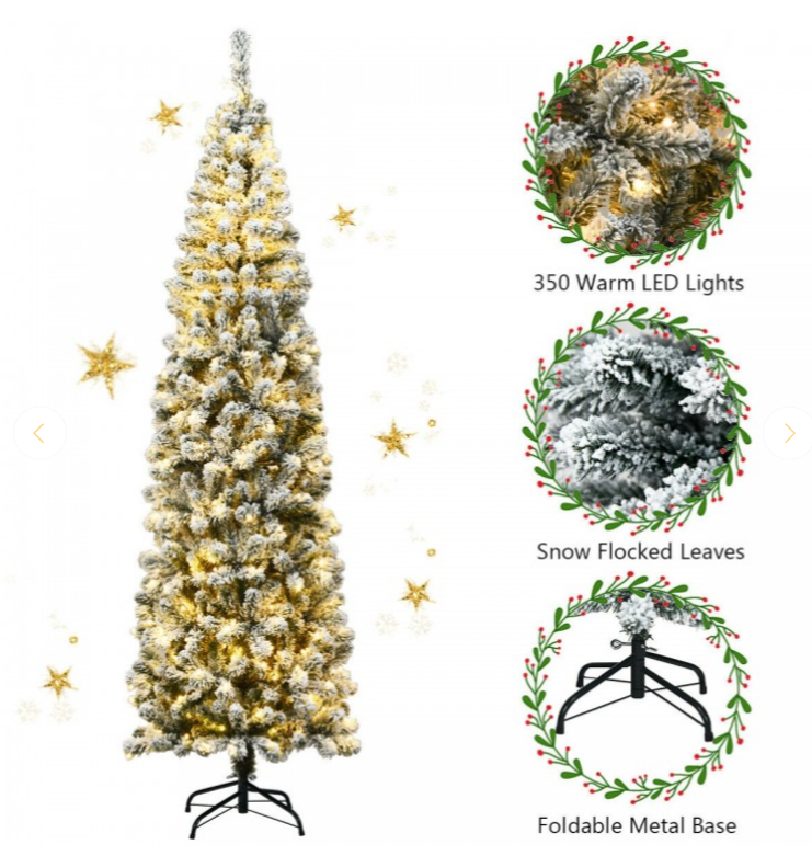 7 ft Feet Pre-lit Snow Flocked Artificial Pencil Christmas Tree with 350 warm LED Lights
