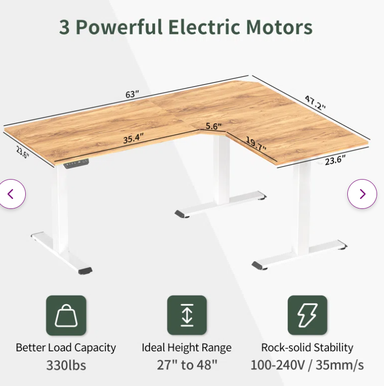 Christeena Height Adjustable L-Shape Standing Desk, assembled, scratch & dent back left corner