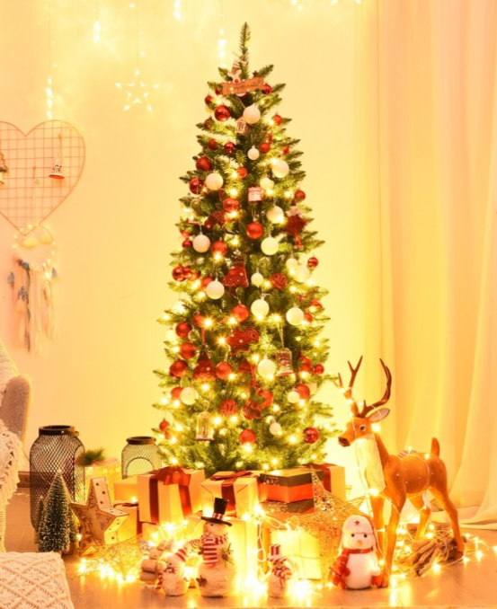 6Ft PVC Hinged Pre-lit Artificial Fir Pencil Christmas Tree with 150 Lights