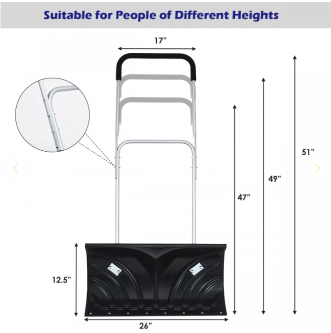 Rolling Snow Pusher Shovel with Adjustable Handle