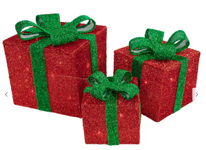 Set of 3 Lighted Red and Green Tinsel Gift Boxes with Bows Christmas Outdoor Decorations 12``