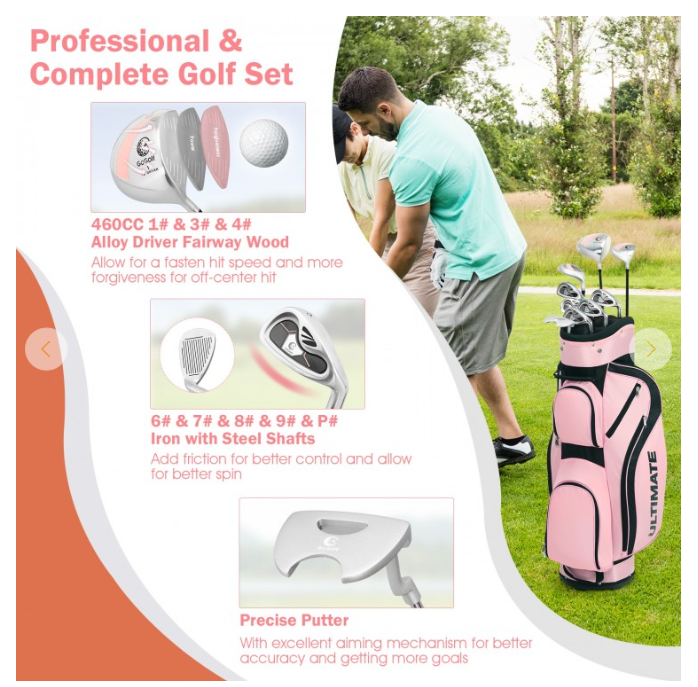 10 Pieces Ladies Complete Golf Club Set with Alloy Driver, Pink Bag included, Right Handed