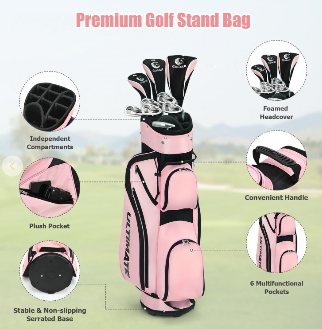 10 Pieces Ladies Complete Golf Club Set with Alloy Driver, Pink Bag included, Right Handed