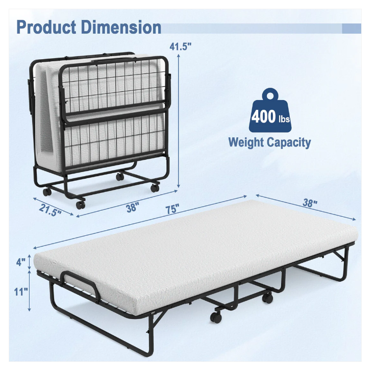 Twin Size Metal Folding Bed with 4``memory Foam Mattress