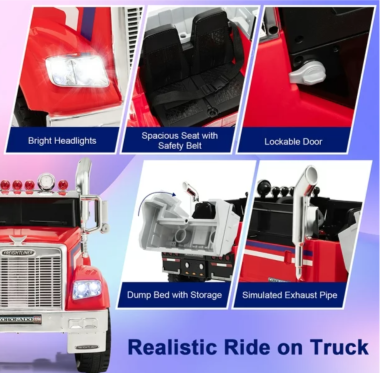 12V Licensed Freightliner Kids Ride On Truck Car RC w/ Dump Box & Lights Red, fully assembled