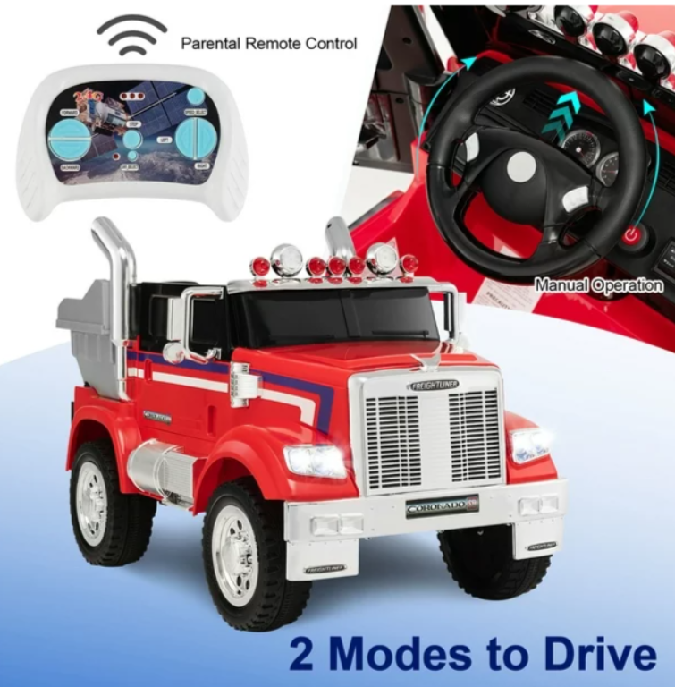 12V Licensed Freightliner Kids Ride On Truck Car RC w/ Dump Box & Lights Red, fully assembled
