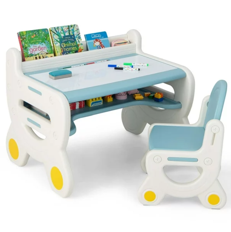 Kids Drawing Table & Chair Set for Reading Playing with Pens & Blackboard Eraser Blue