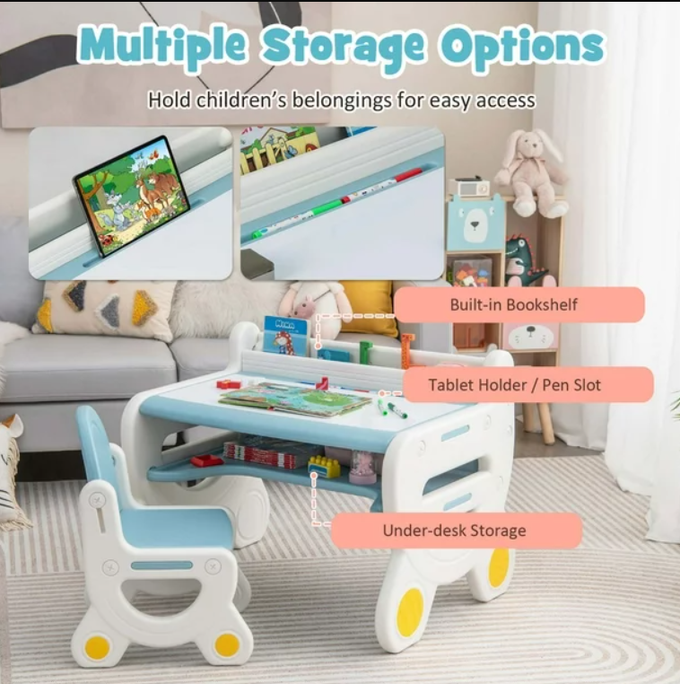 Kids Drawing Table & Chair Set for Reading Playing with Pens & Blackboard Eraser Blue