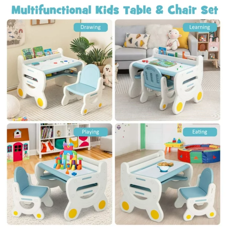 Kids Drawing Table & Chair Set for Reading Playing with Pens & Blackboard Eraser Blue