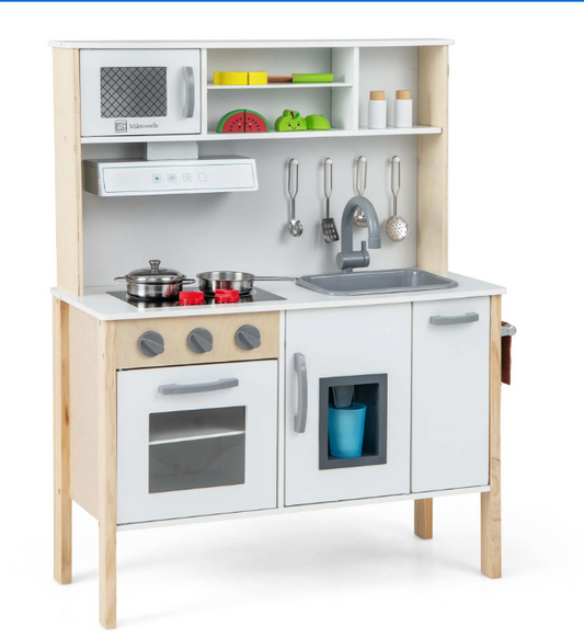 Kids Kitchen Playset Wooden Pretend Play Chef Toy w/ Microwave & Accessories, 1 box unassembled