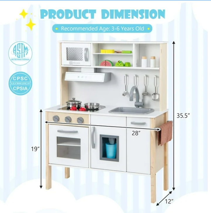 Kids Kitchen Playset Wooden Pretend Play Chef Toy w/ Microwave & Accessories, 1 box unassembled