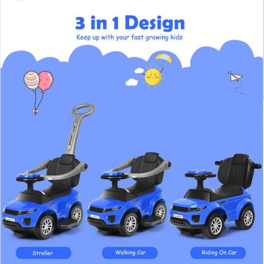 3 in 1 Ride on Push Car Toddler Stroller Sliding Car w/Music Blue, 12 - 36 month