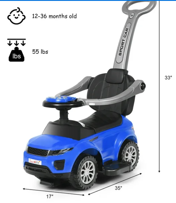 3 in 1 Ride on Push Car Toddler Stroller Sliding Car w/Music Blue, 12 - 36 month
