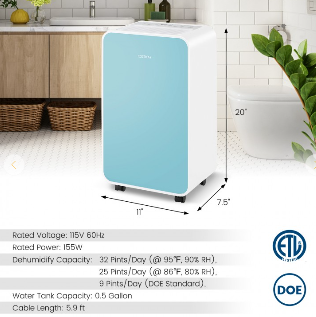 32 Pints/Day Portable Quiet Dehumidifier, up to 2500 Sq. Ft - 1 box