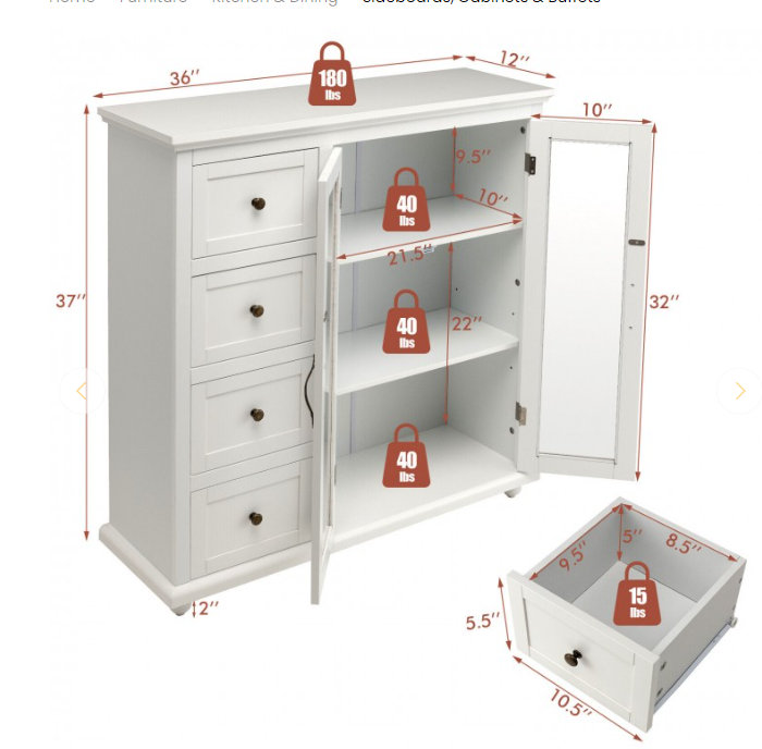 Buffet Sideboard Table Kitchen Storage Cabinet with Drawers and Doors, FULLY ASSEMBLED