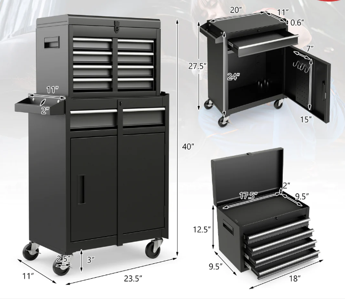 Small, 2-in-1 Tool Chest and Cabinet with 5 Sliding Drawers-Black, minor scuffs