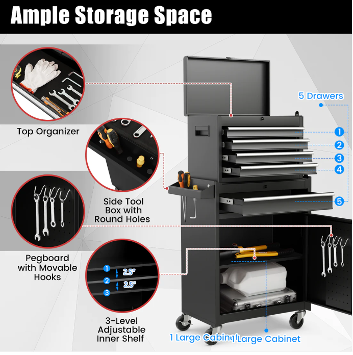 Small, 2-in-1 Tool Chest and Cabinet with 5 Sliding Drawers-Black, minor scuffs