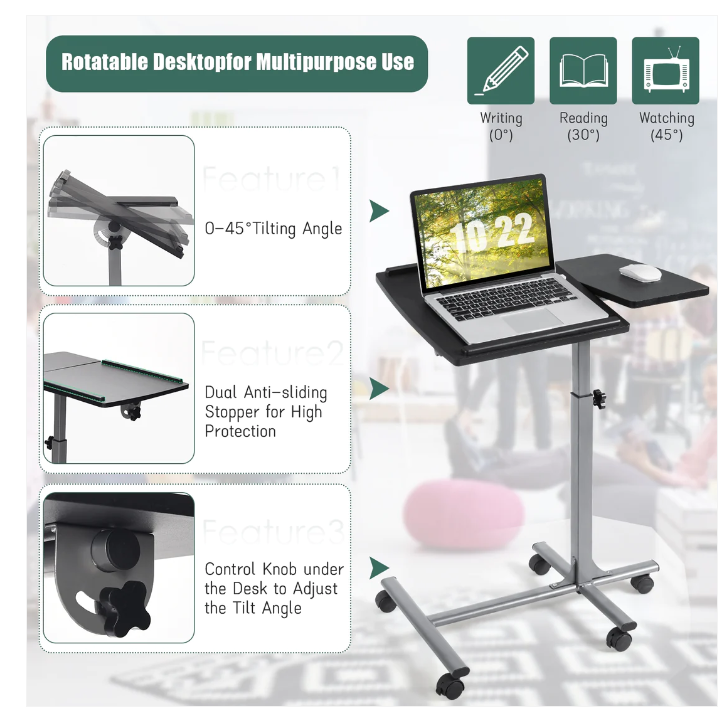 Adjustable Angle Height Rolling Laptop Table