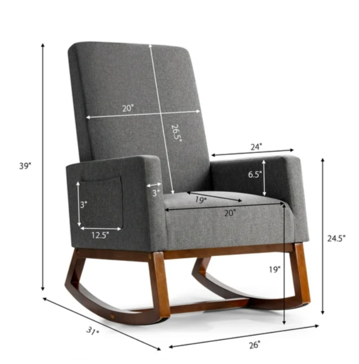 Rocking High Back Upholstered Lounge Armchair with Side Pocket, grey
