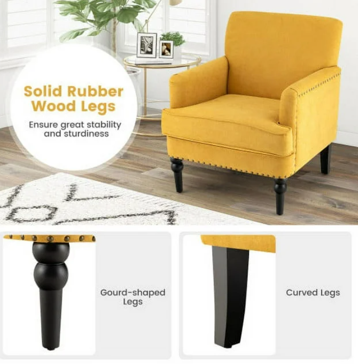 Tufted Accent Chair with Rubber Wood Legs-Yellow