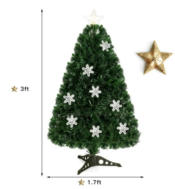 3FT Pre-Lit Fiber Optic Artificial Christmas Tree w/Multicolor Lights Snowflakes